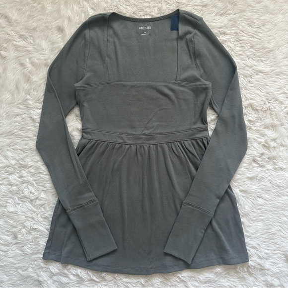 Hollister Top Easy Long-Sleeve Square Neck Babydoll Y2K Green Sz M NWT New - Picture 1 of 11